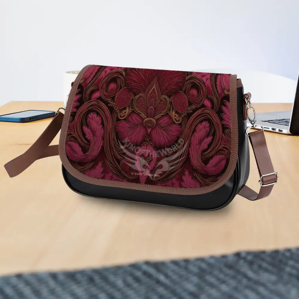 Leather Shoulder Bag - Red Burgundy Print One Size Satchel