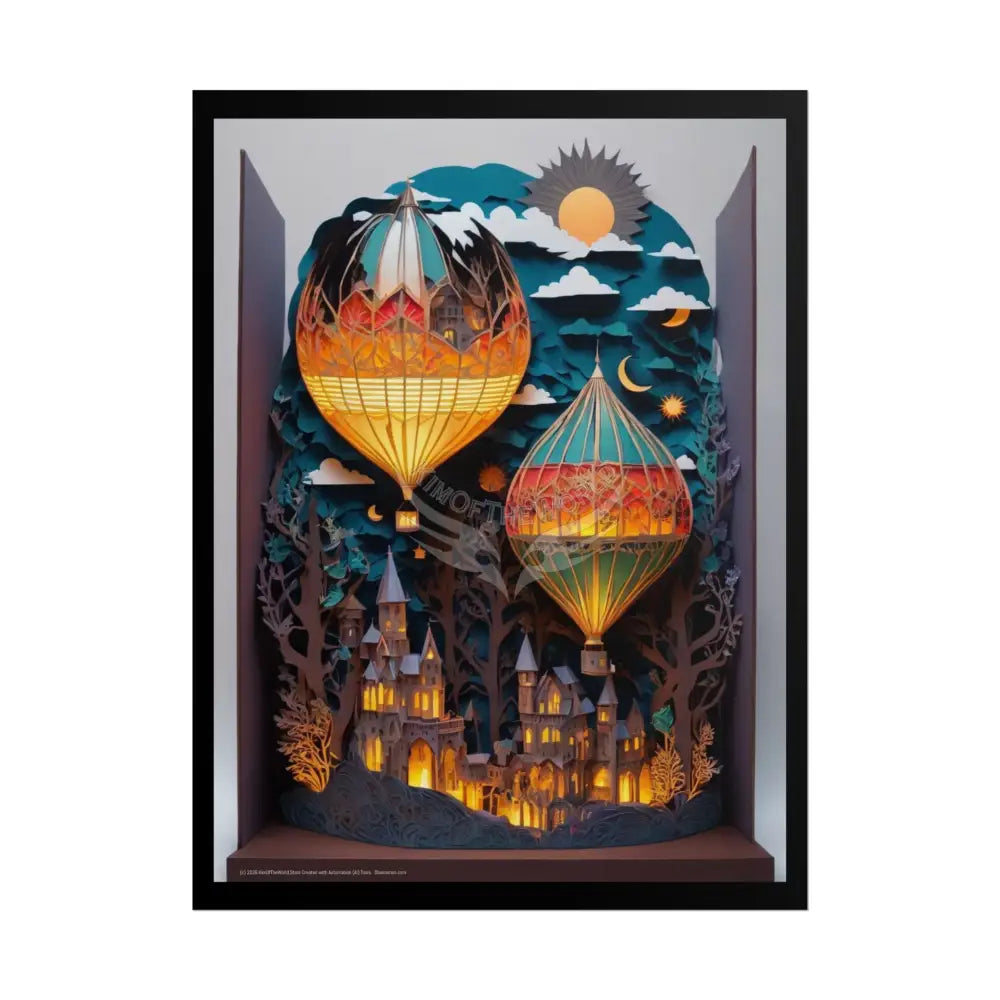 Lit Hot Air Balloon 3D Diorama Folk Art Poster — Antique Trinkets & Cabinets Art Print 18″ x 24″ (Vertical) / Matte