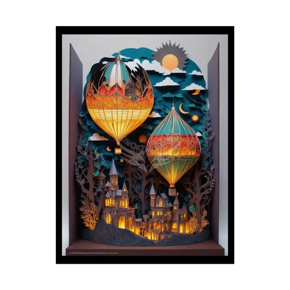 Lit Hot Air Balloon 3D Diorama Folk Art Poster — Antique Trinkets & Cabinets Art Print 18″ x 24″ (Vertical) / Semi