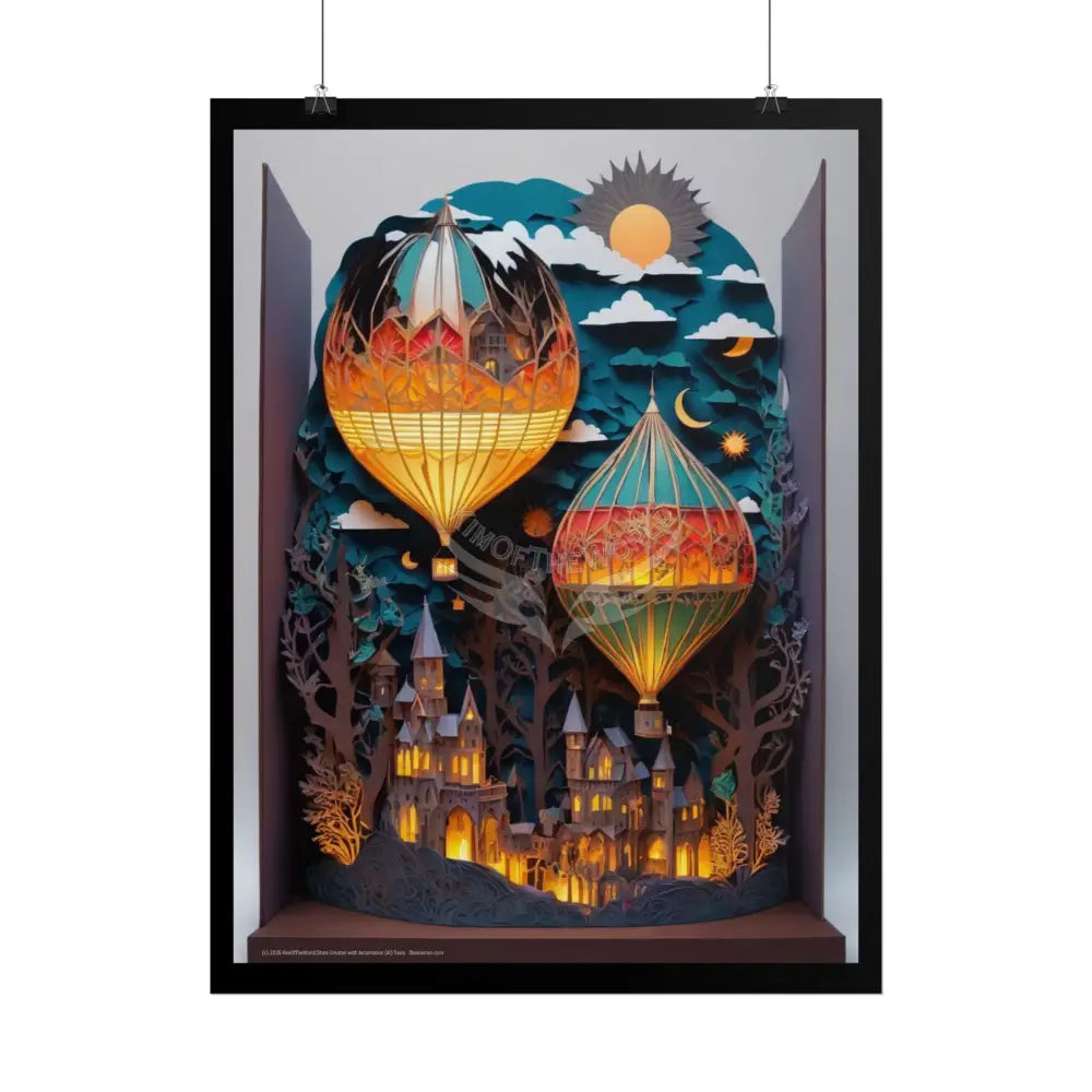 Lit Hot Air Balloon 3D Diorama Folk Art Poster — Antique Trinkets & Cabinets Art Print Poster