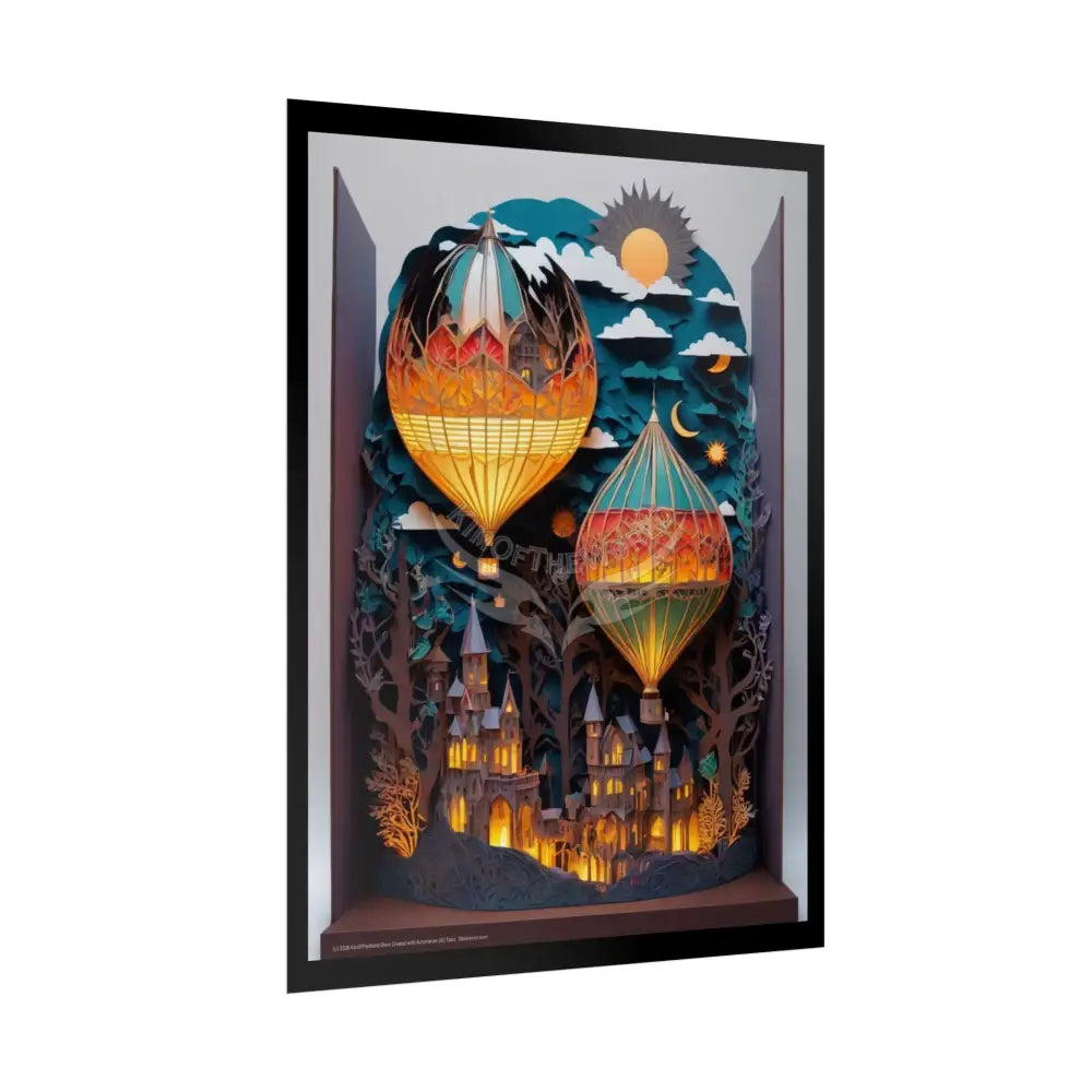 Lit Hot Air Balloon 3D Diorama Folk Art Poster — Antique Trinkets & Cabinets Art Print Poster