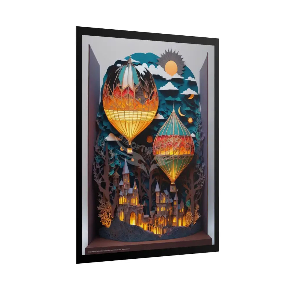 Lit Hot Air Balloon 3D Diorama Folk Art Poster — Antique Trinkets & Cabinets Art Print Poster