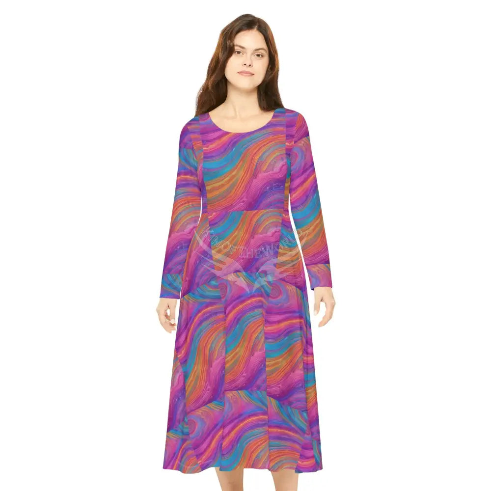 Magenta Box Swirls Wallpaper Print Dress – Women’s Long Sleeve AOP L All Over Prints