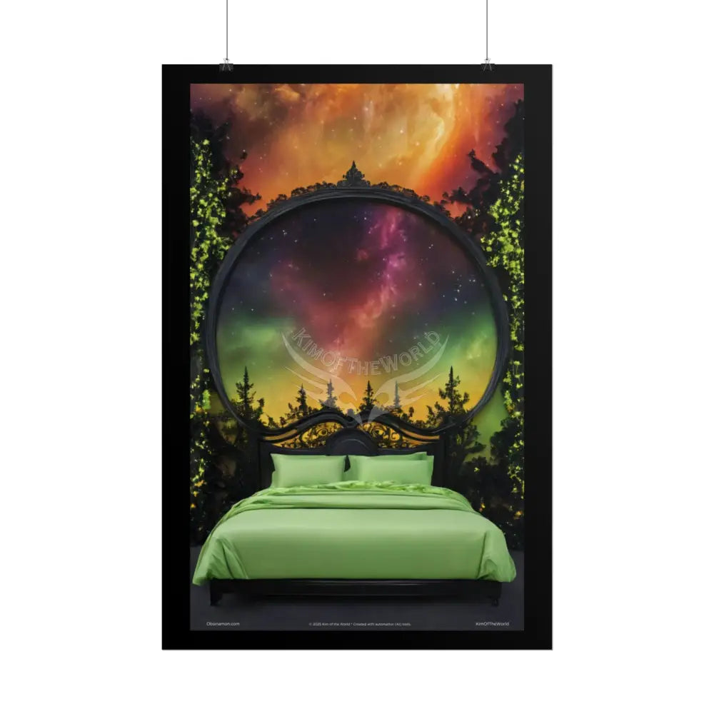 Magical Bed Steampunk Satin Black Gold and Orange Poster Print Set Pcs — Luxury Iridescent Wall Art for Bedroom and
