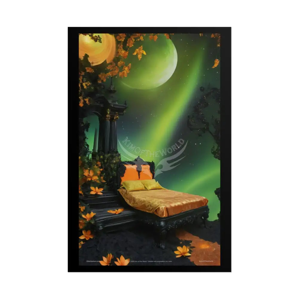 Magical Bed Steampunk Satin Black Gold and Orange Poster Print Set Pcs — Luxury Iridescent Wall Art for Bedroom and