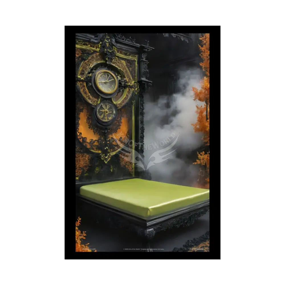 Magical Bed Steampunk Satin Black Gold and Orange Poster Print Set Pcs — Luxury Iridescent Wall Art for Bedroom and