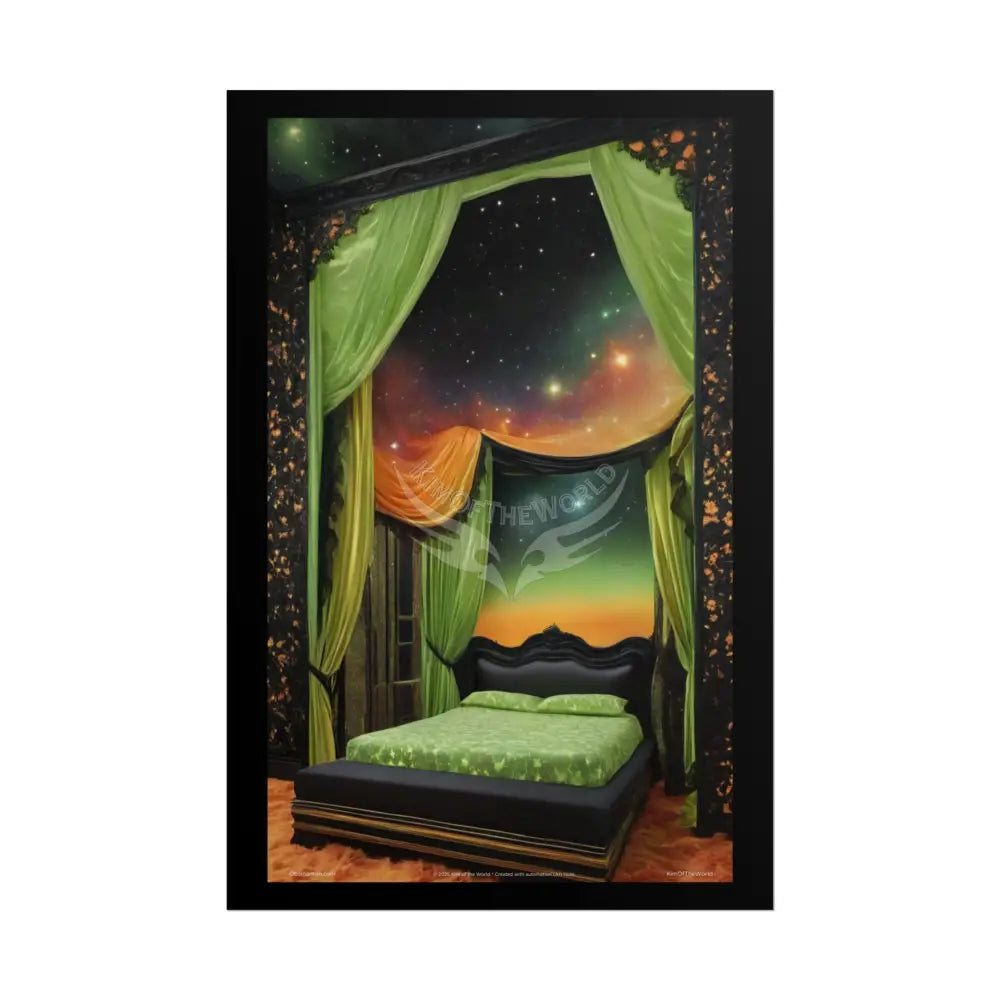 Magical Bed Steampunk Satin Black Gold and Orange Poster Print Set Pcs — Luxury Iridescent Wall Art for Bedroom and