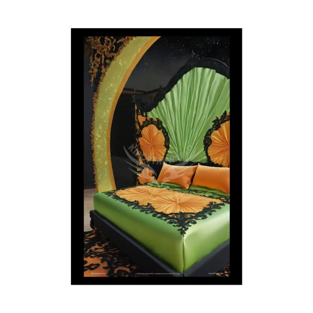 Magical Bed Steampunk Satin Black Gold and Orange Poster Print Set Pcs — Luxury Iridescent Wall Art for Bedroom and