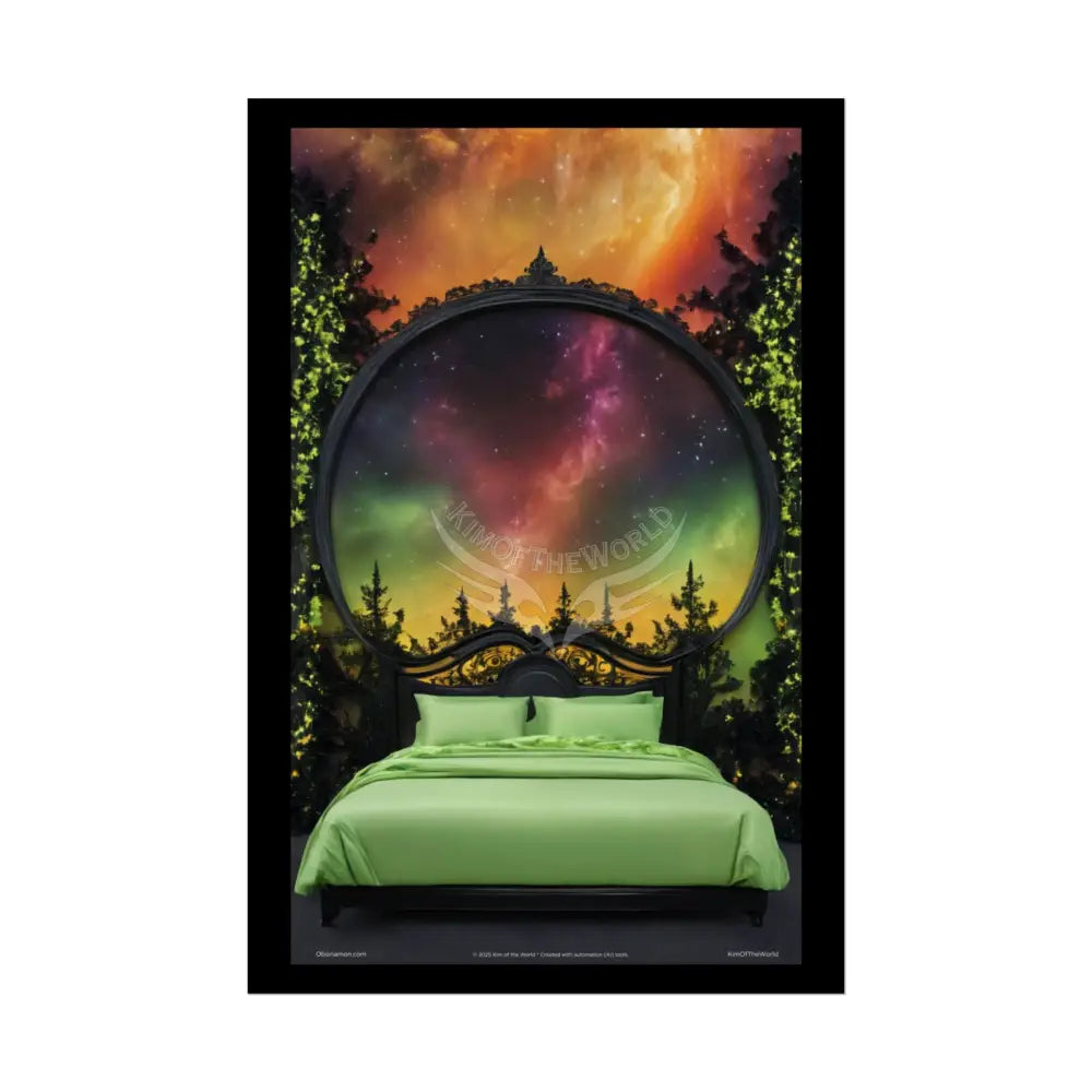 Magical Bed Steampunk Satin Black Gold and Orange Poster Print Set Pcs — Luxury Iridescent Wall Art for Bedroom and