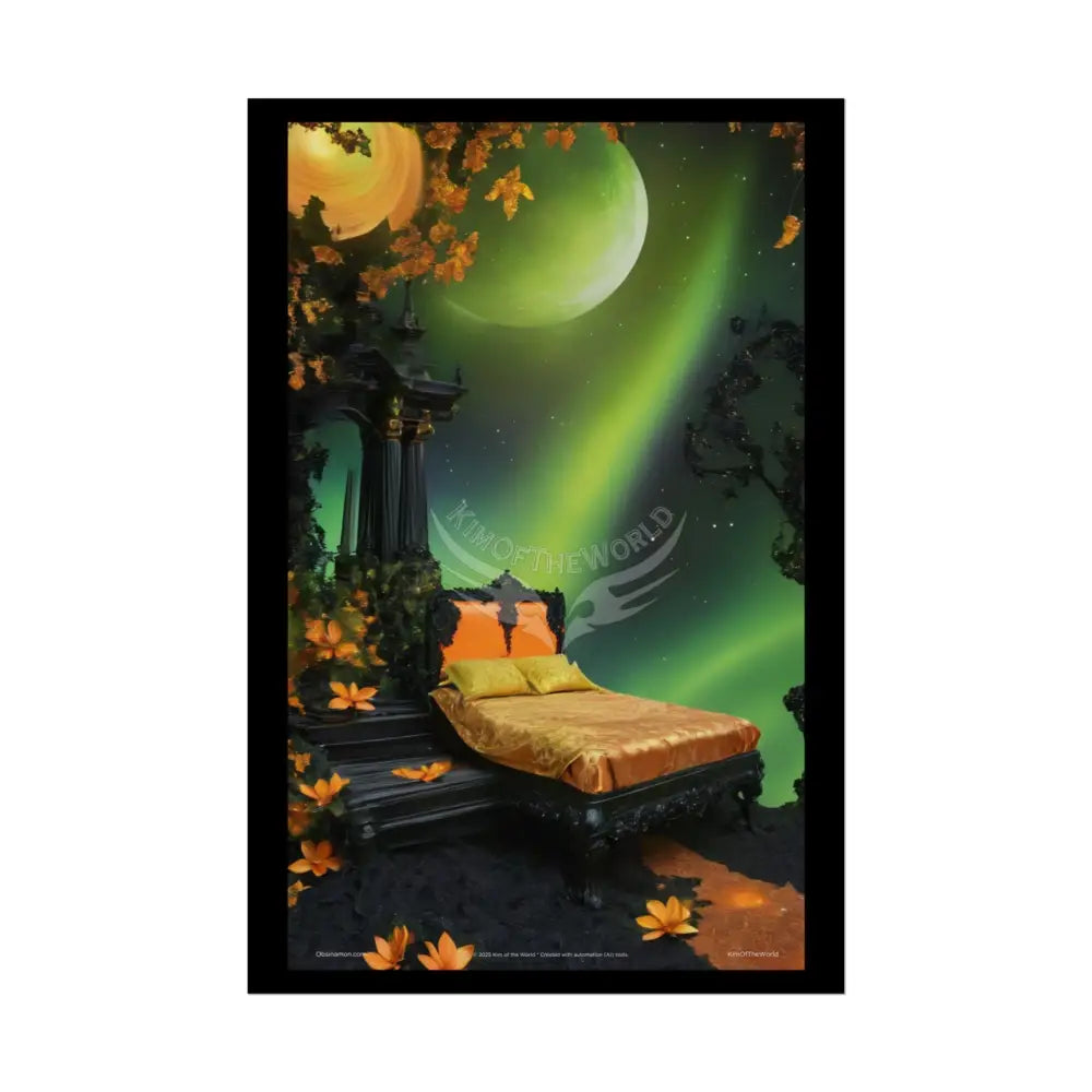 Magical Bed Steampunk Satin Black Gold and Orange Poster Print Set Pcs — Luxury Iridescent Wall Art for Bedroom and