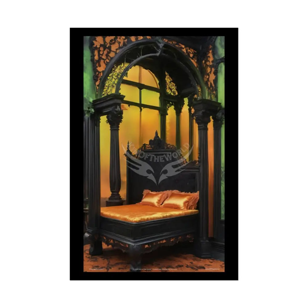 Magical Bed Steampunk Satin Black Gold and Orange Poster Print Set Pcs — Luxury Iridescent Wall Art for Bedroom and