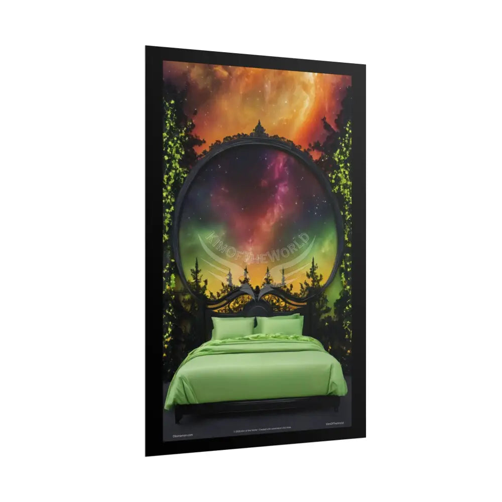 Magical Bed Steampunk Satin Black Gold and Orange Poster Print Set Pcs — Luxury Iridescent Wall Art for Bedroom and