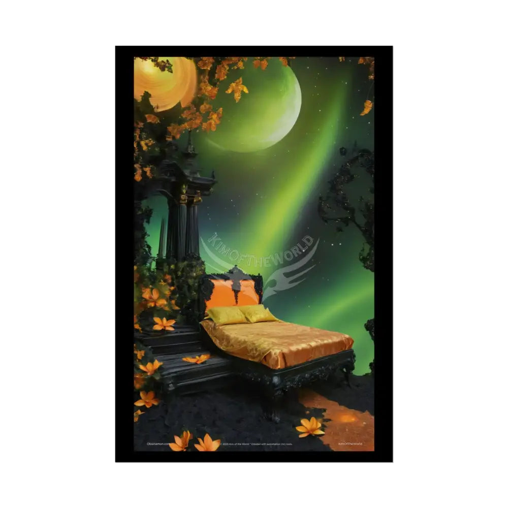 Magical Bed Steampunk Satin Black Gold and Orange Poster Print Set Pcs — Luxury Iridescent Wall Art for Bedroom and