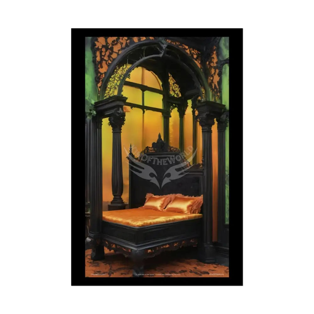 Magical Bed Steampunk Satin Black Gold and Orange Poster Print Set Pcs — Luxury Iridescent Wall Art for Bedroom and
