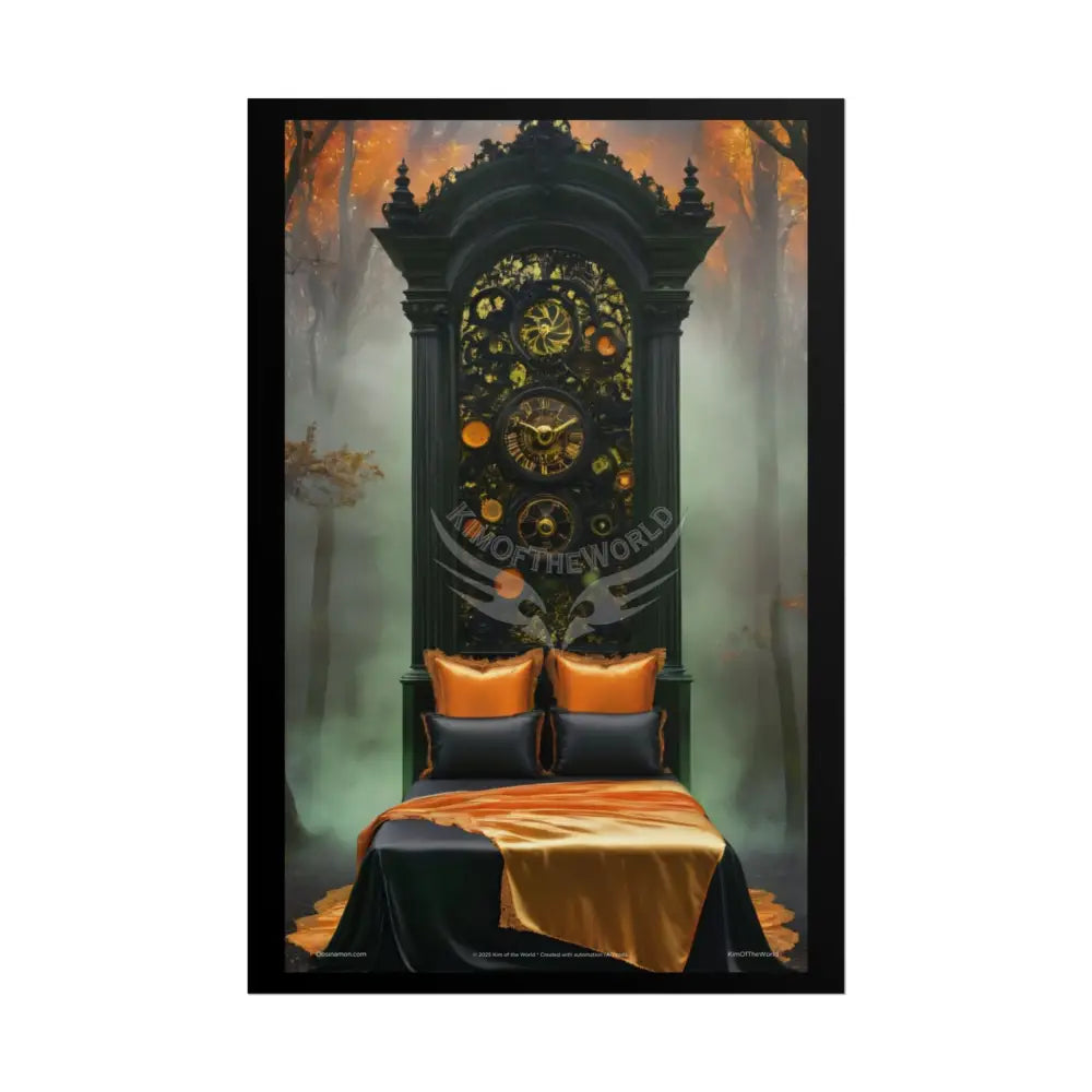 Magical Bed Steampunk Satin Black Gold and Orange Poster Print Set Pcs — Luxury Iridescent Wall Art for Bedroom and
