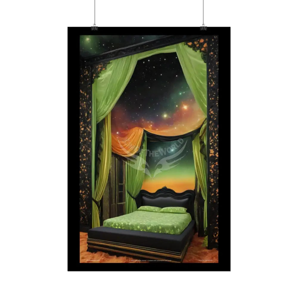 Magical Bed Steampunk Satin Black Gold and Orange Poster Print Set Pcs — Luxury Iridescent Wall Art for Bedroom and