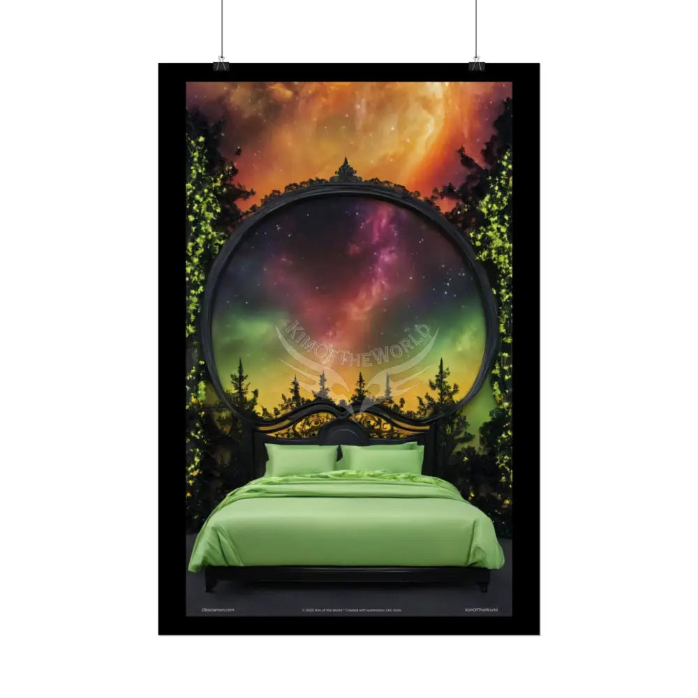 Magical Bed Steampunk Satin Black Gold and Orange Poster Print Set Pcs — Luxury Iridescent Wall Art for Bedroom and