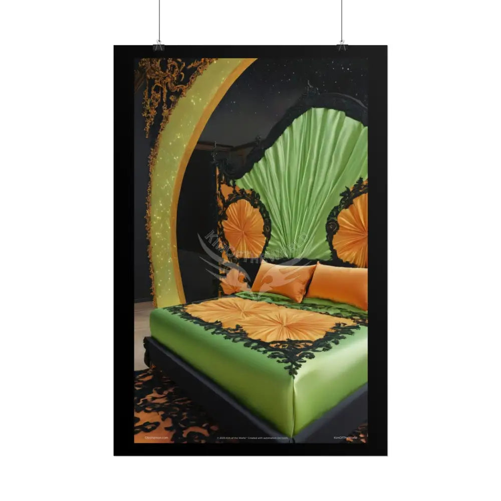 Magical Bed Steampunk Satin Black Gold and Orange Poster Print Set Pcs — Luxury Iridescent Wall Art for Bedroom and