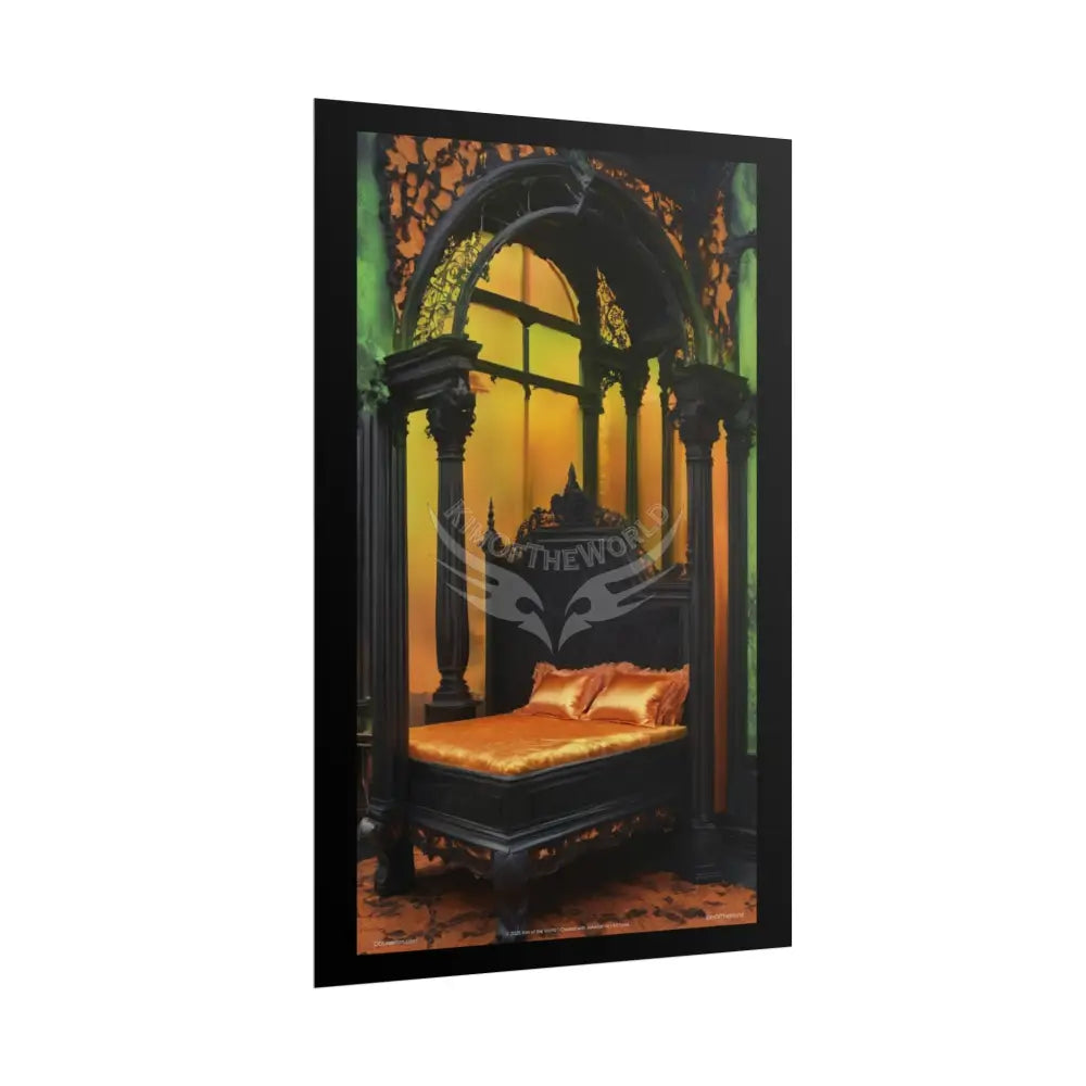 Magical Bed Steampunk Satin Black Gold and Orange Poster Print Set Pcs — Luxury Iridescent Wall Art for Bedroom and
