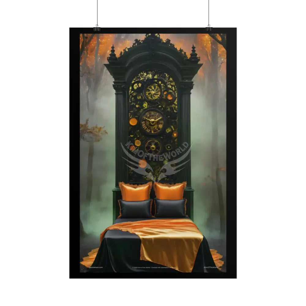 Magical Bed Steampunk Satin Black Gold and Orange Poster Print Set Pcs — Luxury Iridescent Wall Art for Bedroom and