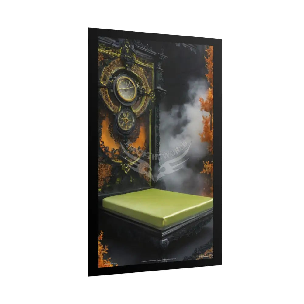Magical Bed Steampunk Satin Black Gold and Orange Poster Print Set Pcs — Luxury Iridescent Wall Art for Bedroom and