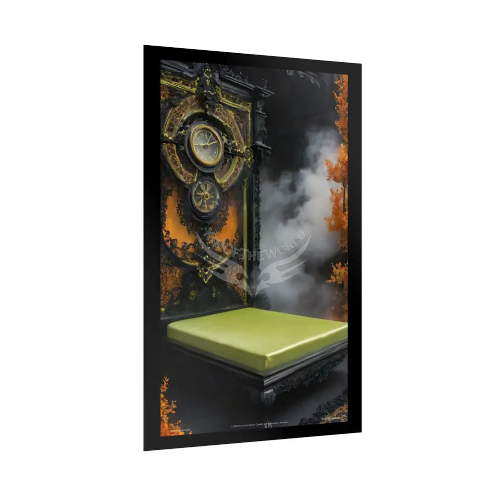Magical Bed Steampunk Satin Black Gold and Orange Poster Print Set Pcs — Luxury Iridescent Wall Art for Bedroom and