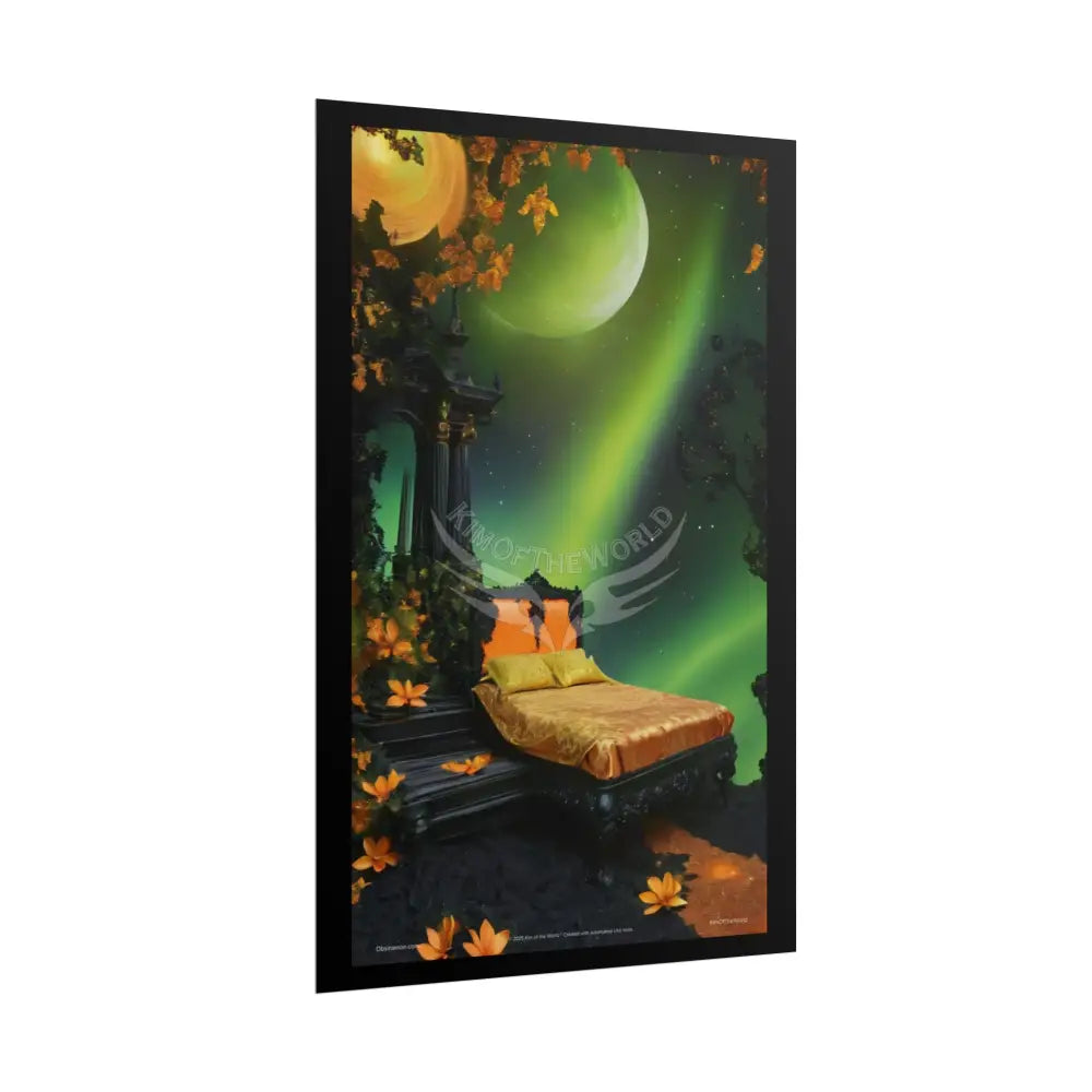 Magical Bed Steampunk Satin Black Gold and Orange Poster Print Set Pcs — Luxury Iridescent Wall Art for Bedroom and