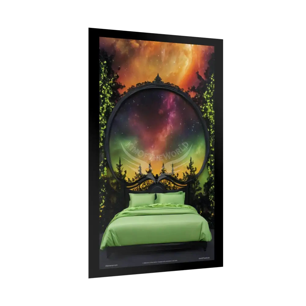 Magical Bed Steampunk Satin Black Gold and Orange Poster Print Set Pcs — Luxury Iridescent Wall Art for Bedroom and