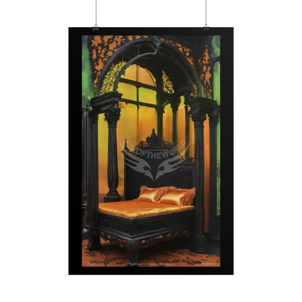 Magical Bed Steampunk Satin Black Gold and Orange Poster Print Set Pcs — Luxury Iridescent Wall Art for Bedroom and