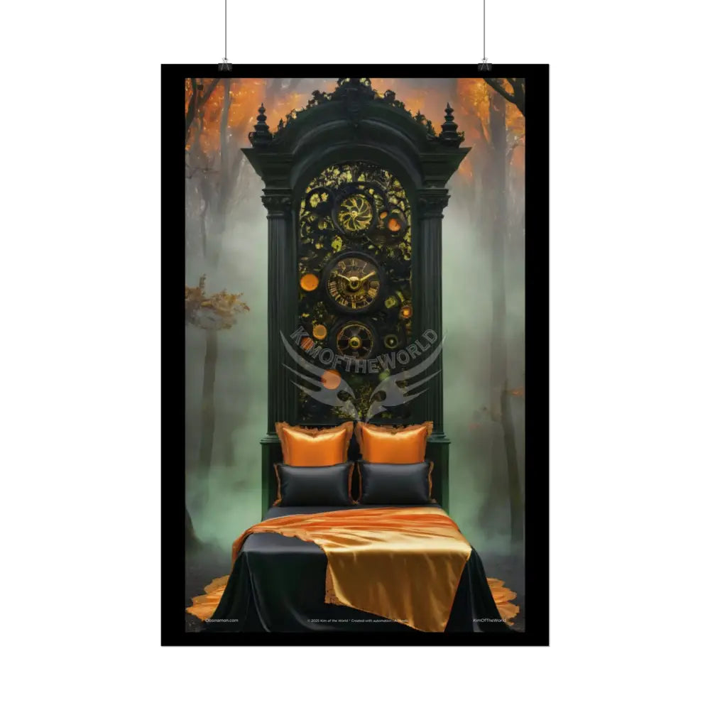 Magical Bed Steampunk Satin Black Gold and Orange Poster Print Set Pcs — Luxury Iridescent Wall Art for Bedroom and