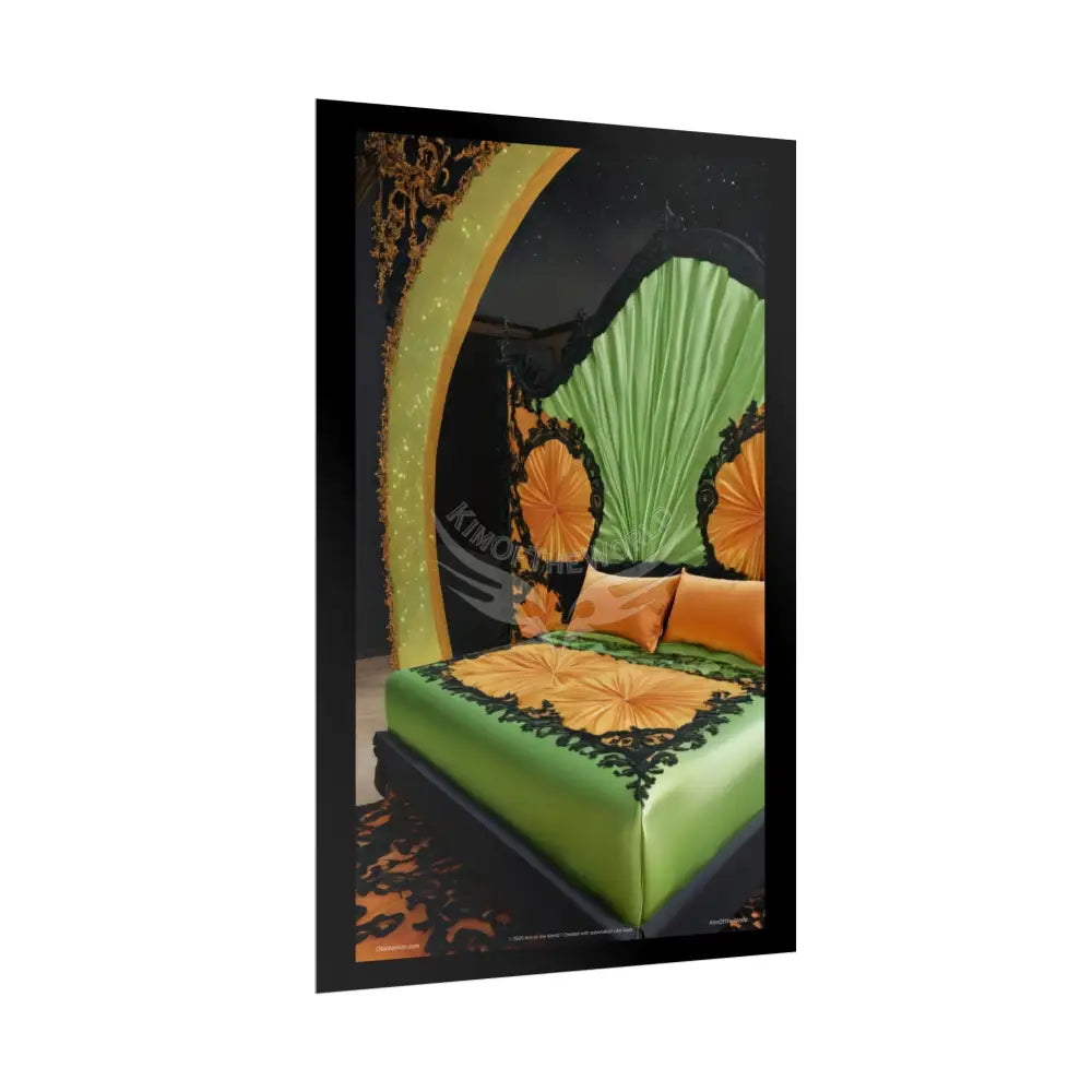 Magical Bed Steampunk Satin Black Gold and Orange Poster Print Set Pcs — Luxury Iridescent Wall Art for Bedroom and