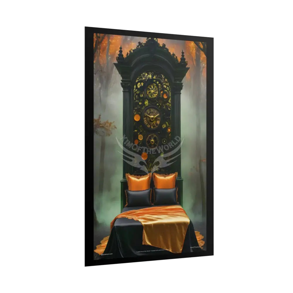 Magical Bed Steampunk Satin Black Gold and Orange Poster Print Set Pcs — Luxury Iridescent Wall Art for Bedroom and