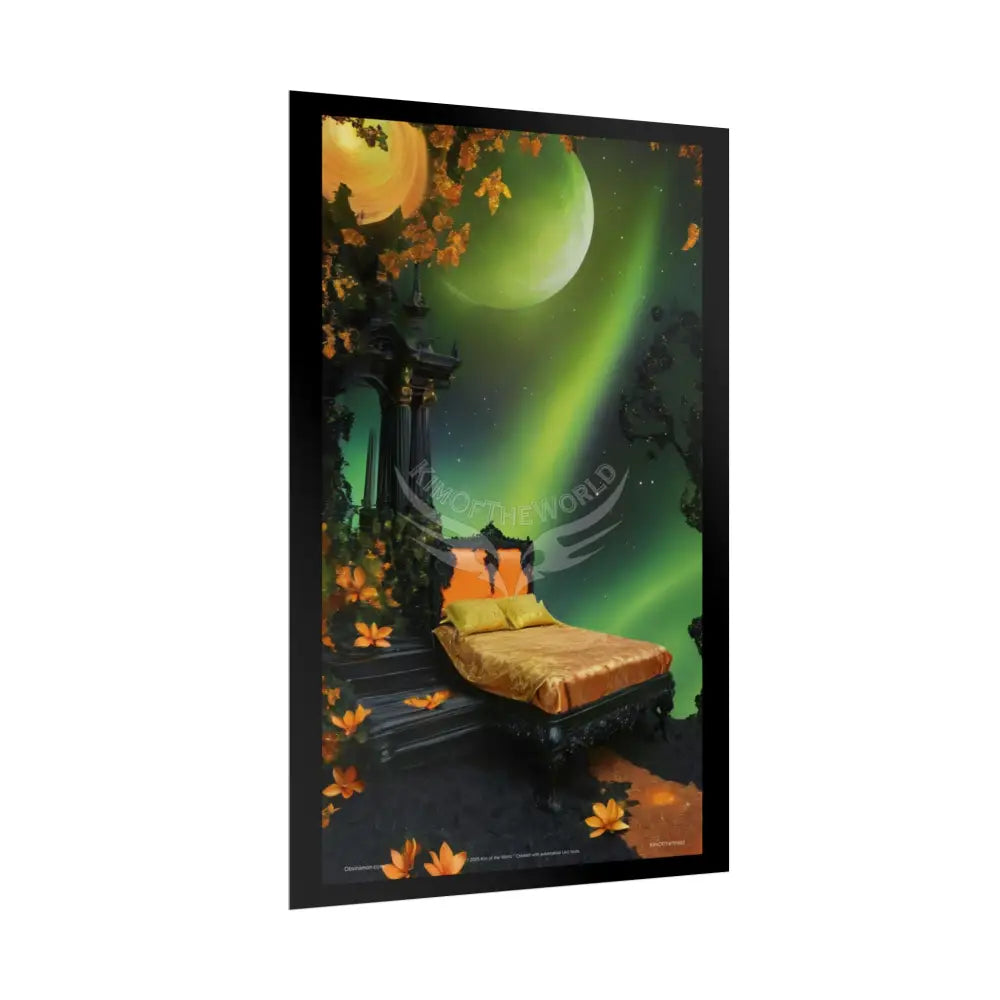Magical Bed Steampunk Satin Black Gold and Orange Poster Print Set Pcs — Luxury Iridescent Wall Art for Bedroom and