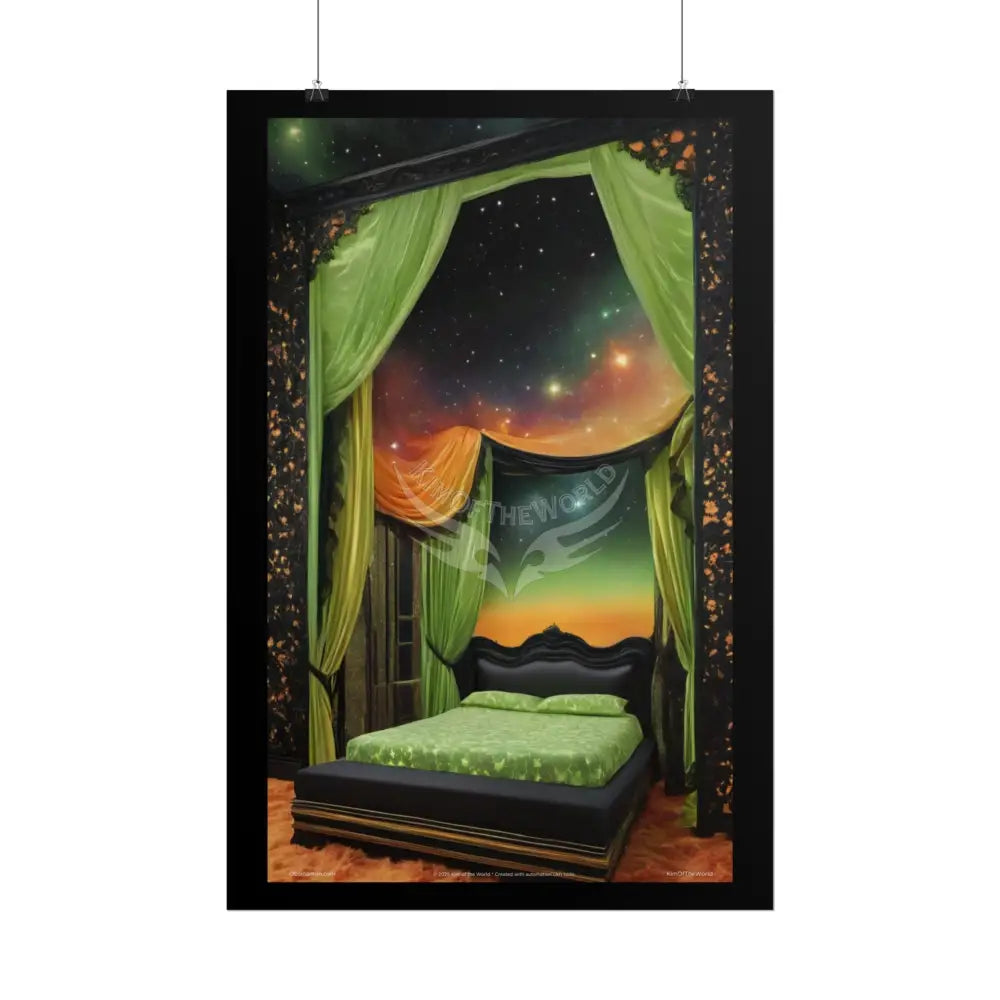 Magical Bed Steampunk Satin Black Gold and Orange Poster Print Set Pcs — Luxury Iridescent Wall Art for Bedroom and