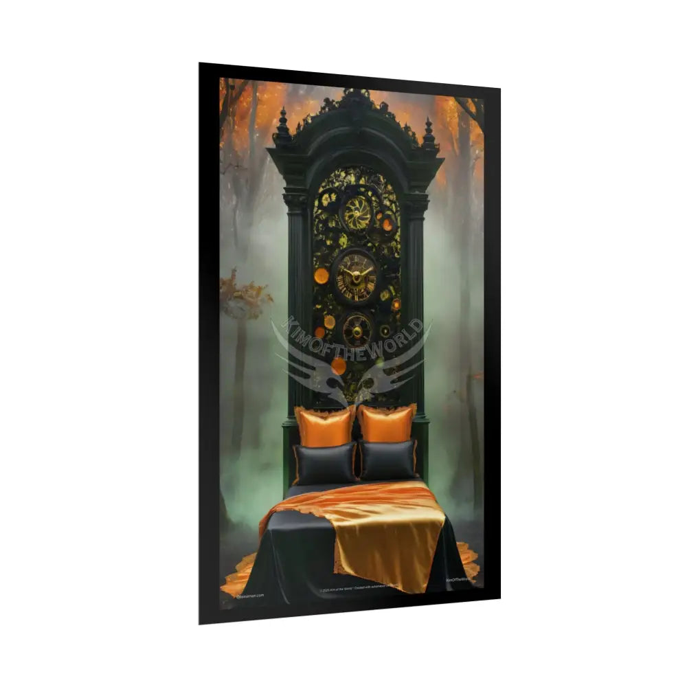 Magical Bed Steampunk Satin Black Gold and Orange Poster Print Set Pcs — Luxury Iridescent Wall Art for Bedroom and