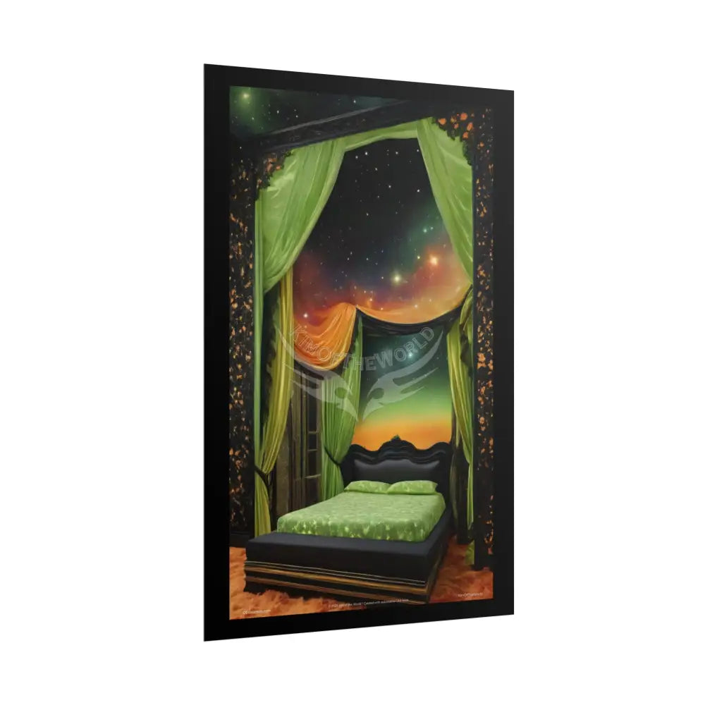 Magical Bed Steampunk Satin Black Gold and Orange Poster Print Set Pcs — Luxury Iridescent Wall Art for Bedroom and