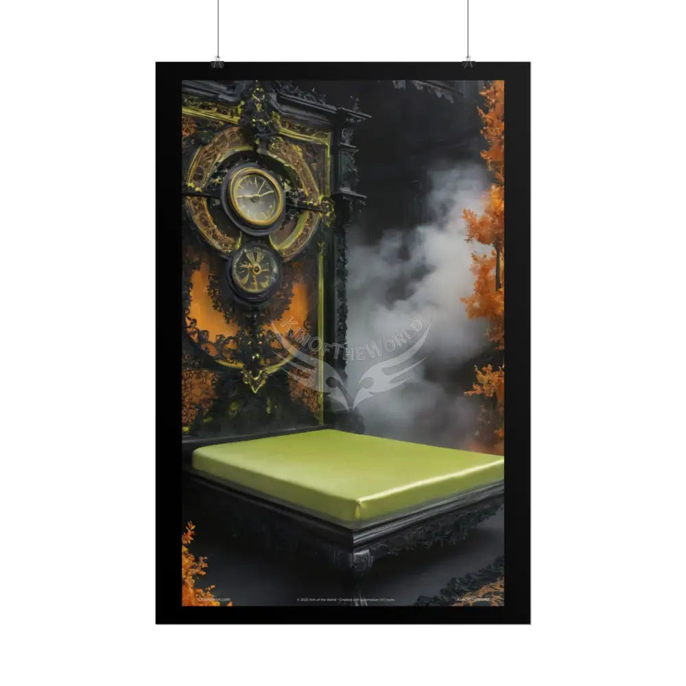 Magical Bed Steampunk Satin Black Gold and Orange Poster Print Set Pcs — Luxury Iridescent Wall Art for Bedroom and