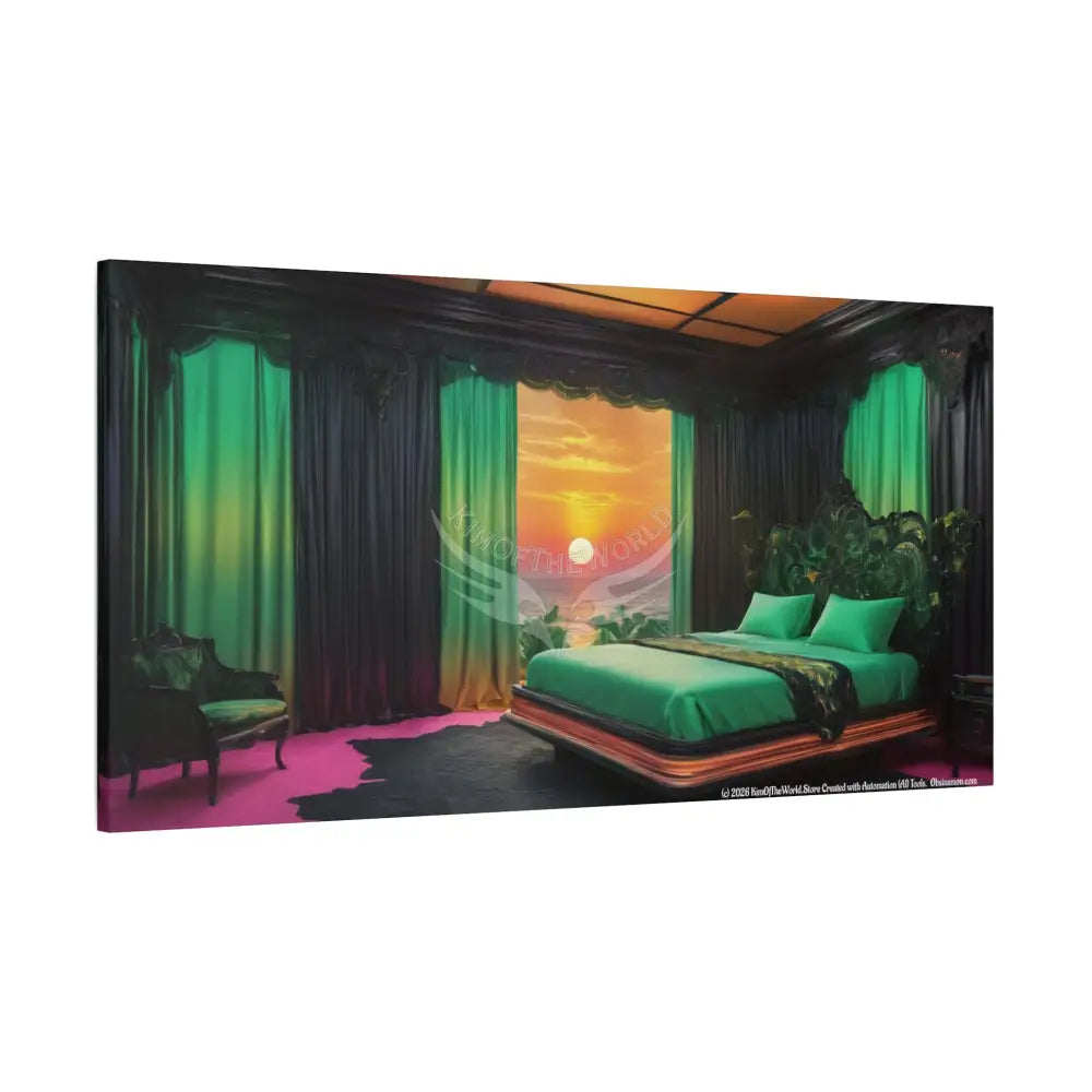 Magical Fantasy Sunset Bed Matte Canvas Print — Cozy Hues Stretched Wall Art Canvas