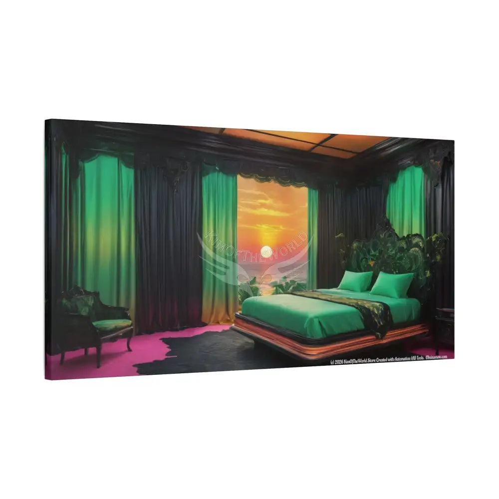 Magical Fantasy Sunset Bed Matte Canvas Print — Cozy Hues Stretched Wall Art Canvas