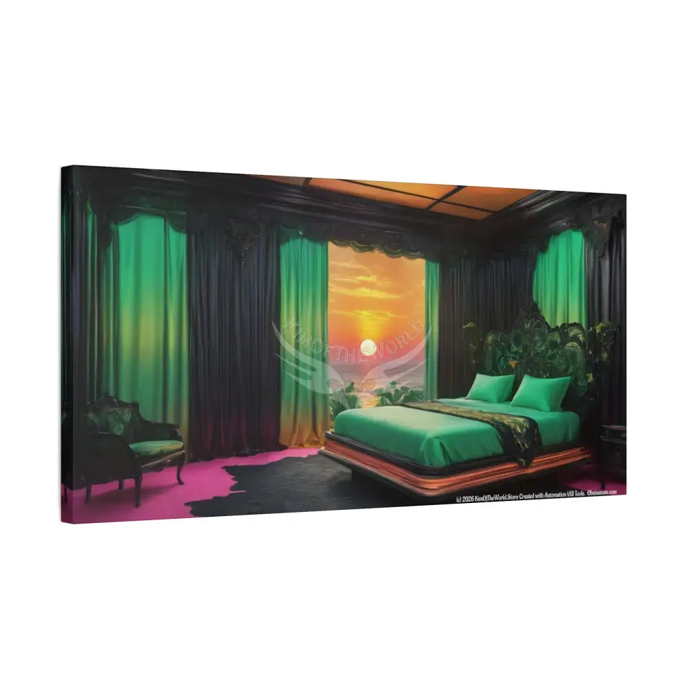 Magical Fantasy Sunset Bed Matte Canvas Print — Cozy Hues Stretched Wall Art Canvas