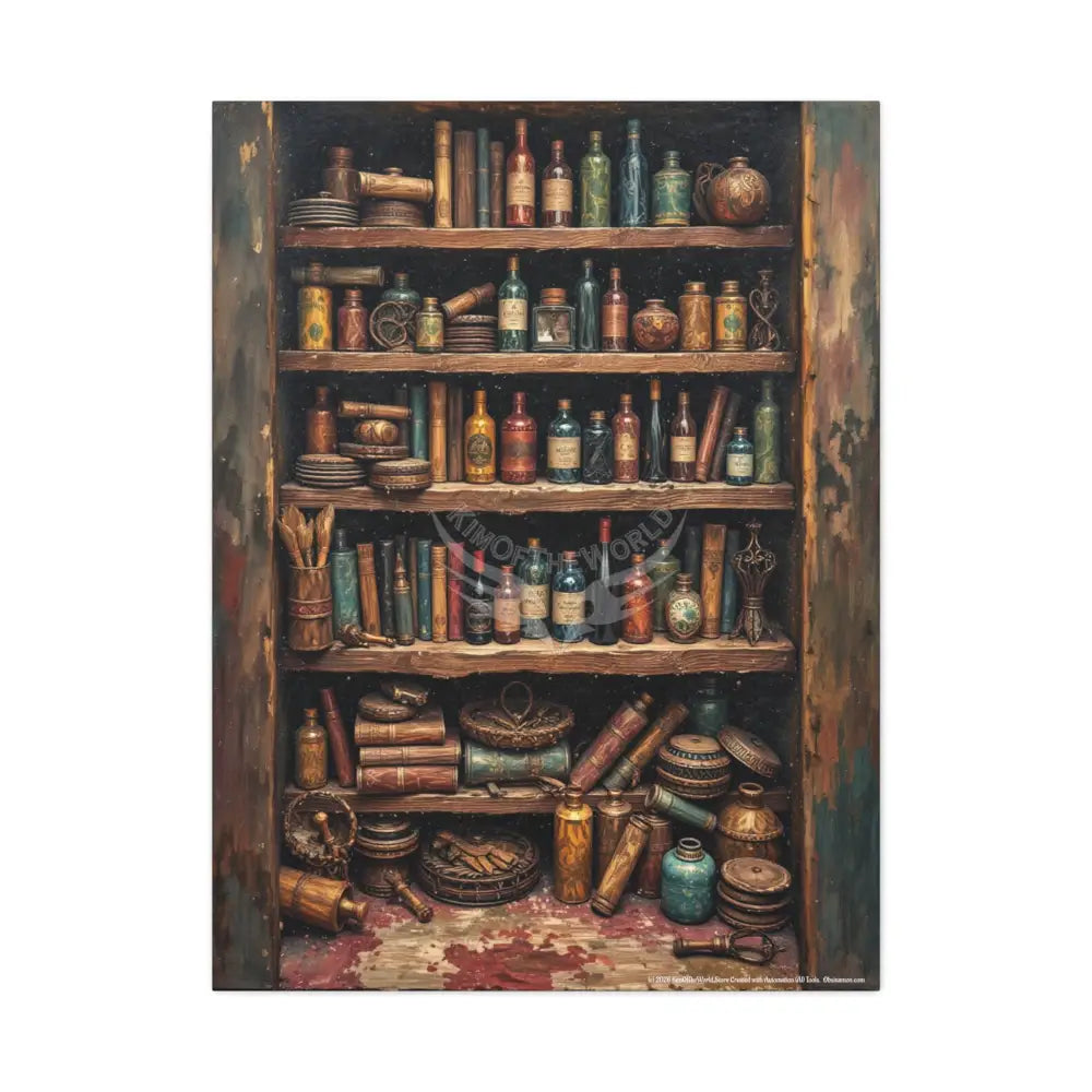 Maximalist Art ’Bottles and Books’ Matte Canvas Wall Art — Stretched 1.25’’ 30’’ x 40’’ (Vertical) / 1.25’’ Canvas