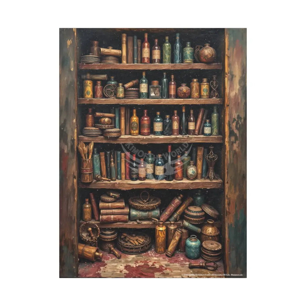 Maximalist Art ’Bottles and Books’ Matte Canvas Wall Art — Stretched 1.25’’ 36’’ x 48’’ (Vertical) / 1.25’’ Canvas