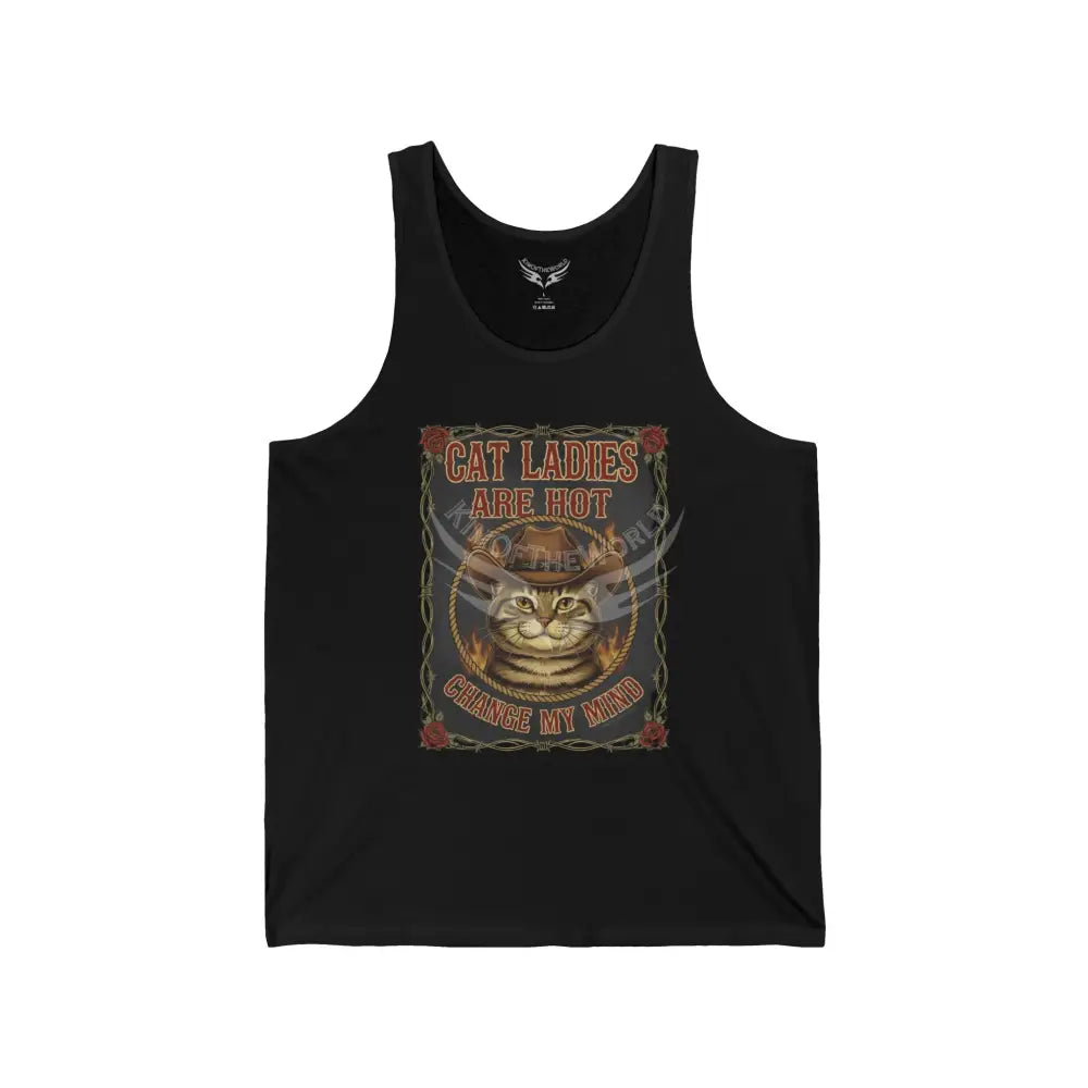 Men’s Cowboy Cat Firefighter Cat Tank Top — ’Cat Ladies Are Hot - Change My Mind’ Graphic Tank XS / Black Tank Top