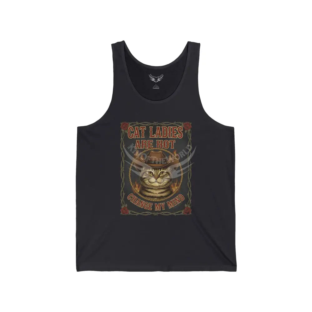 Men’s Cowboy Cat Firefighter Cat Tank Top — ’Cat Ladies Are Hot - Change My Mind’ Graphic Tank XS / Dark Grey Tank Top