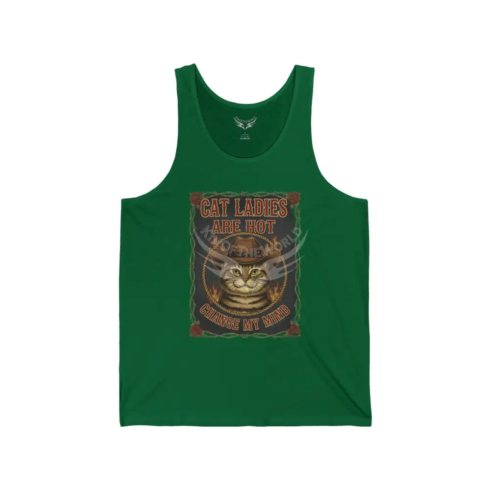 Men’s Cowboy Cat Firefighter Cat Tank Top — ’Cat Ladies Are Hot - Change My Mind’ Graphic Tank XS / Kelly Tank Top