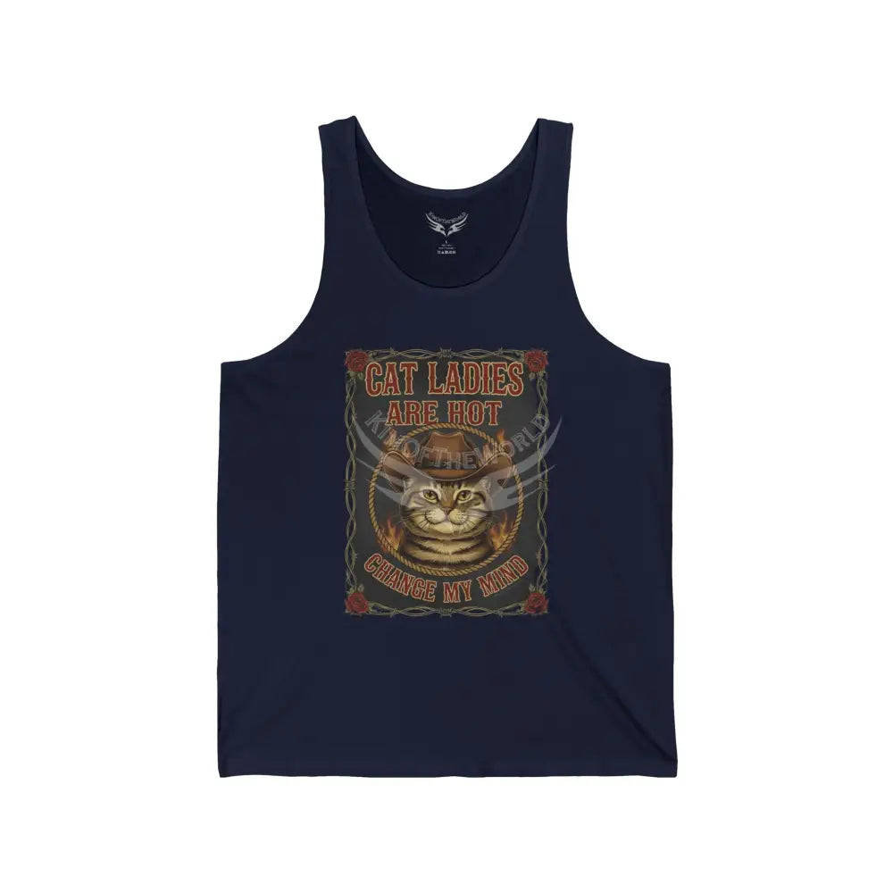 Men’s Cowboy Cat Firefighter Cat Tank Top — ’Cat Ladies Are Hot - Change My Mind’ Graphic Tank XS / Navy Tank Top
