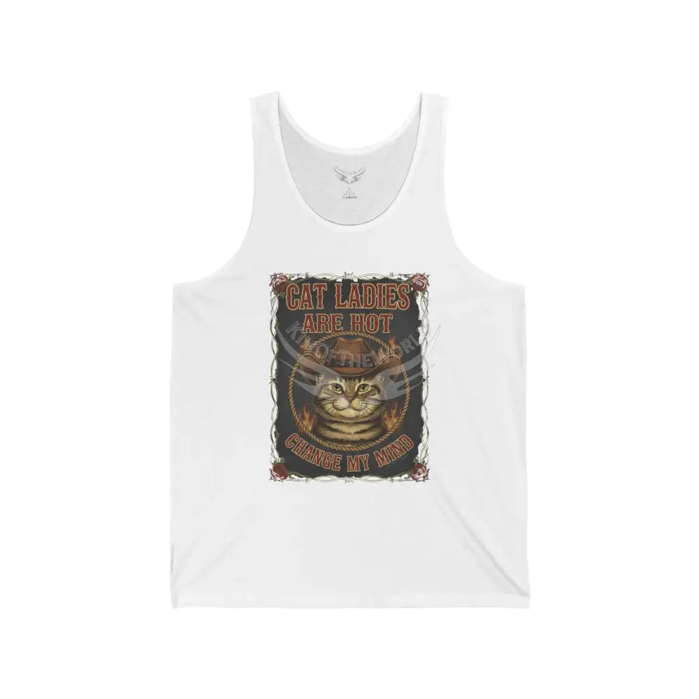 Men’s Cowboy Cat Firefighter Cat Tank Top — ’Cat Ladies Are Hot - Change My Mind’ Graphic Tank XS / White Tank Top