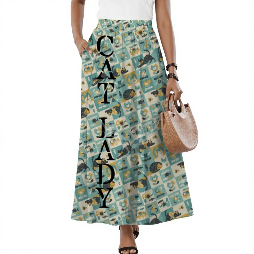 Midi Skirt with Pockets - Maxi Cat Lady Print Skirt S Women’s Skirts & Dresses