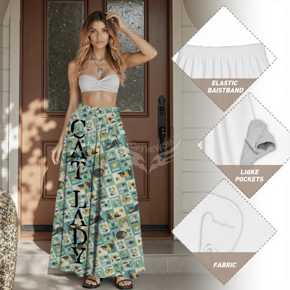 Midi Skirt with Pockets - Maxi Cat Lady Print Skirt Women’s Skirts & Dresses