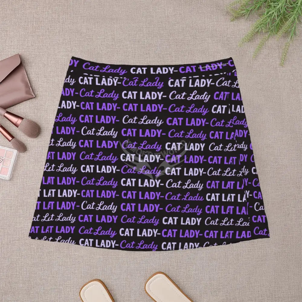 Mini Skirt - Black and Purple Cat Lady Print Women’s Skirts & Dresses